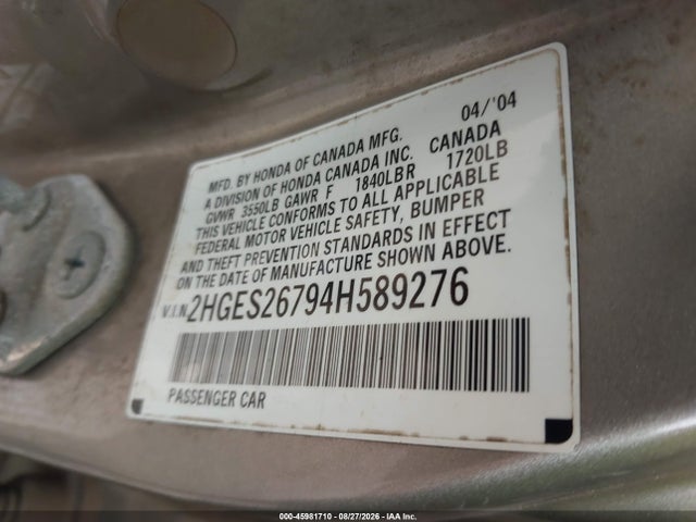 Aukcja sprzedaży 2004 Honda Civic Ex, vin: 2HGES26794H589276, numer aukcji: 45981710