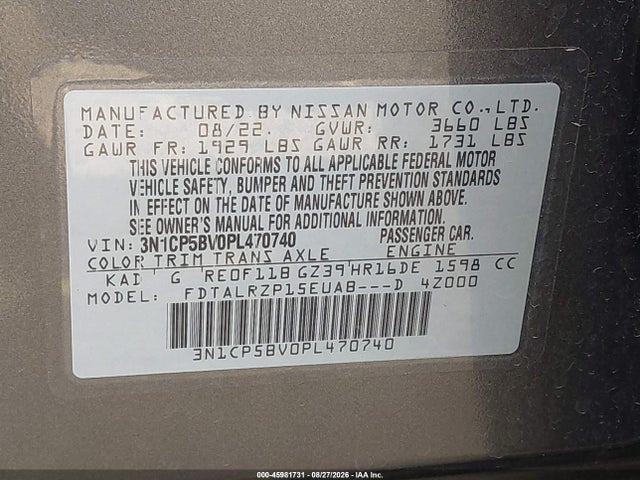 2023 Nissan Kicks S Xtronic Cvt მანქანა იყიდება აუქციონზე, vin: 3N1CP5BV0PL470740, აუქციონის ნომერი: 45981731