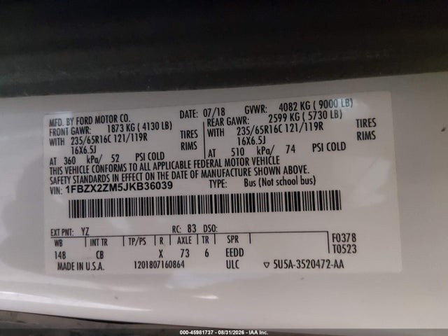 2018 Ford Transit-350 Xl მანქანა იყიდება აუქციონზე, vin: 1FBZX2ZM5JKB36039, აუქციონის ნომერი: 45981737