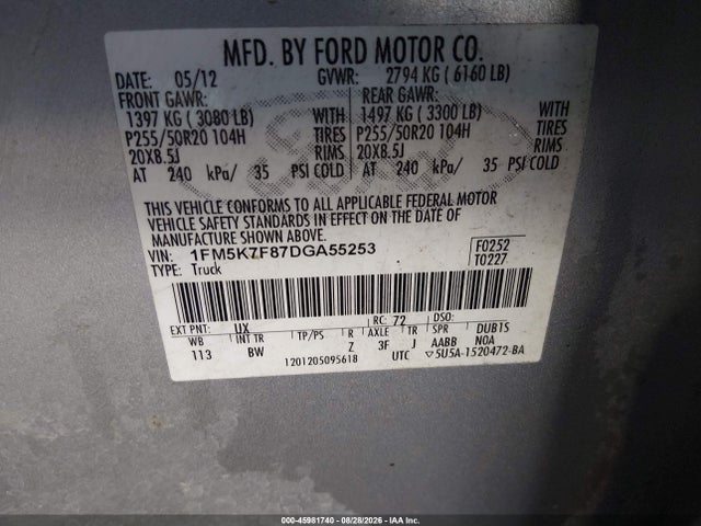 45981740 :رقم المزاد ، 1FM5K7F87DGA55253 vin ، 2013 Ford Explorer Limited مزاد بيع
