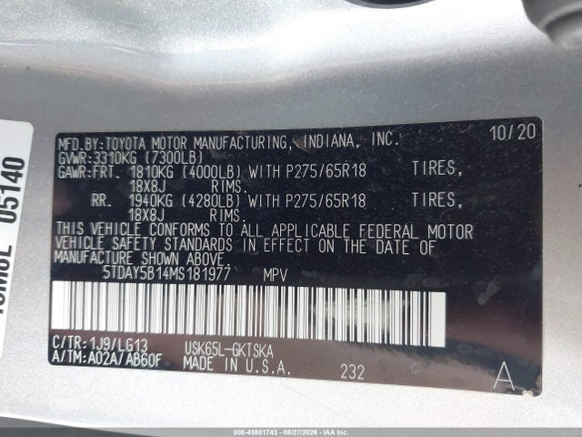 2021 Toyota Sequoia Sr5 მანქანა იყიდება აუქციონზე, vin: 5TDAY5B14MS181977, აუქციონის ნომერი: 45981743