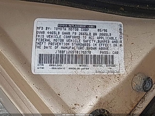 Auction sale of the 1996 Lexus Es 300, vin: JT8BF12G5T0175578, lot number: 45981745