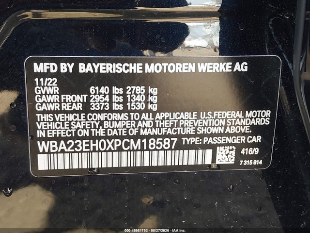 Aukcja sprzedaży 2023 Bmw 740 I, vin: WBA23EH0XPCM18587, numer aukcji: 45981752