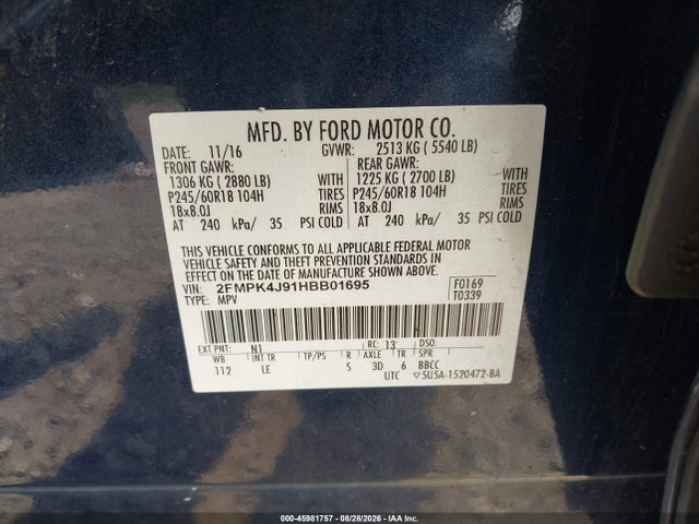 Aukcja sprzedaży 2017 Ford Edge Sel, vin: 2FMPK4J91HBB01695, numer aukcji: 45981757