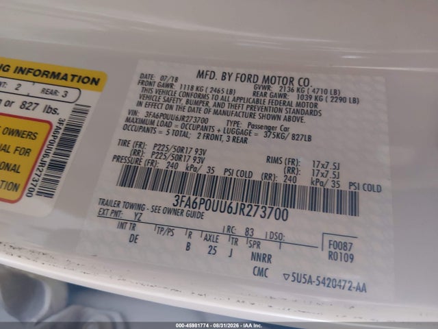 Продажа на аукционе авто 2018 Ford Fusion Hybrid S, vin: 3FA6P0UU6JR273700, номер лота: 45981774