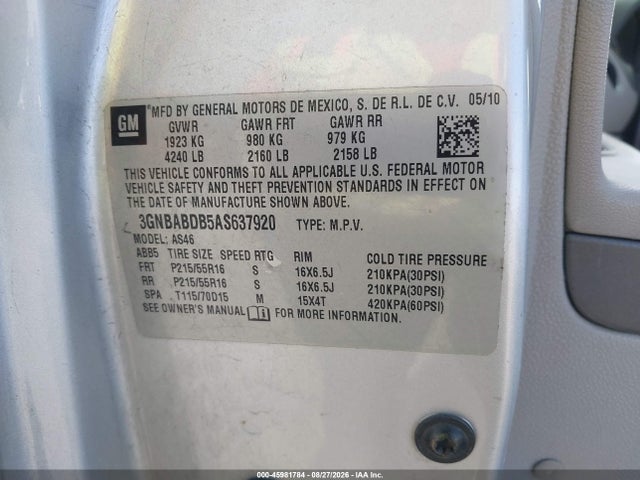 Продаж на аукціоні авто 2010 Chevrolet Hhr Lt, vin: 3GNBABDB5AS637920, номер лоту: 45981784
