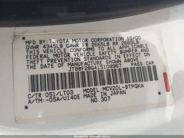 45981789 :رقم المزاد ، JT8BF28G415108967 vin ، 2001 Lexus Es 300 مزاد بيع