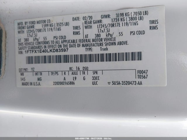 Ford F-150 Xlt 2020 1FTFX1E40LKD83597 Image 9
