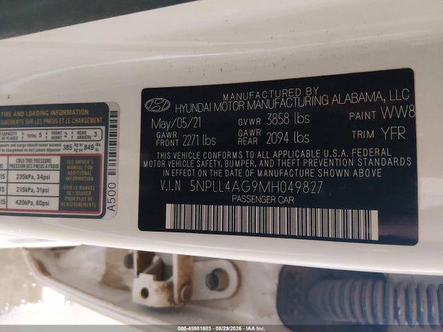 45981803 :رقم المزاد ، 5NPLL4AG9MH049827 vin ، 2021 Hyundai Elantra Se مزاد بيع