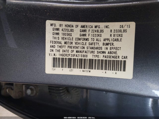 Honda ACCORD LX 2015 1HGCR2F3XFA215969 Image 9