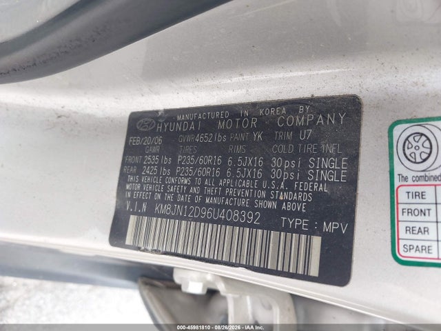 Продажа на аукционе авто 2006 Hyundai Tucson Gls/limited, vin: KM8JN12D96U408392, номер лота: 45981810