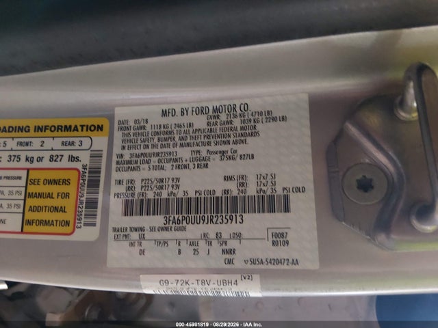 Продажа на аукционе авто 2018 Ford Fusion Hybrid S, vin: 3FA6P0UU9JR235913, номер лота: 45981819