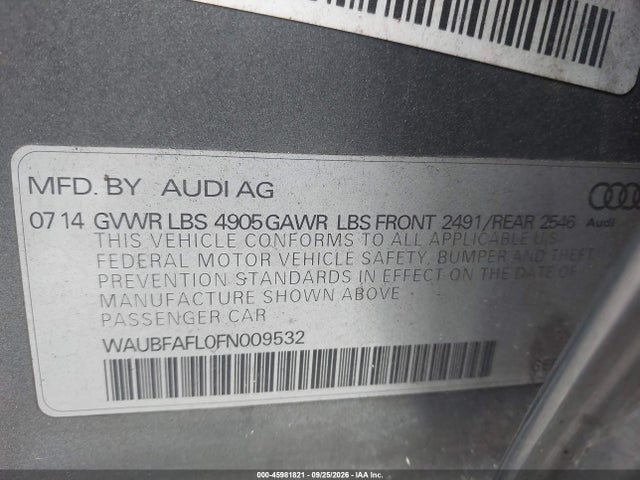 45981821 :رقم المزاد ، WAUBFAFL0FN009532 vin ، 2015 Audi A4 2.0t Premium مزاد بيع
