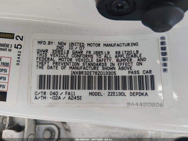 2008 Toyota Corolla Ce მანქანა იყიდება აუქციონზე, vin: 1NXBR32E78Z013305, აუქციონის ნომერი: 45981827