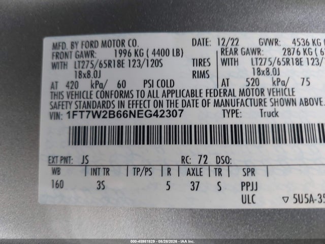 2022 Ford F-250 Xlt მანქანა იყიდება აუქციონზე, vin: 1FT7W2B66NEG42307, აუქციონის ნომერი: 45981829