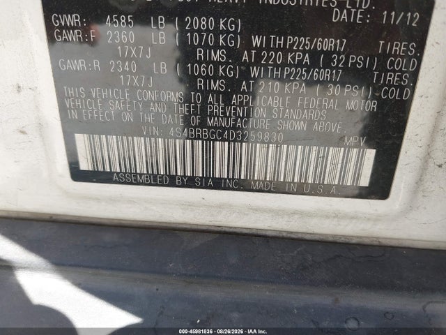 45981836 :رقم المزاد ، 4S4BRBGC4D3259830 vin ، 2013 Subaru Outback 2.5i Premium مزاد بيع