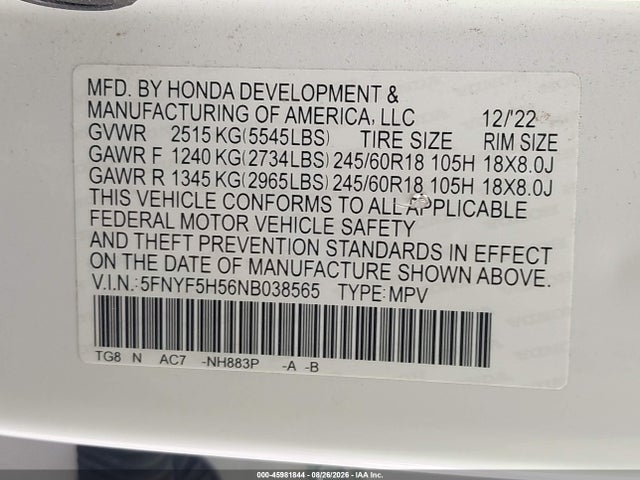 2022 Honda Pilot 2wd Ex-l მანქანა იყიდება აუქციონზე, vin: 5FNYF5H56NB038565, აუქციონის ნომერი: 45981844