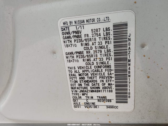 Продаж на аукціоні авто 2011 Nissan Murano Sl, vin: JN8AZ1MW4BW171188, номер лоту: 45981847