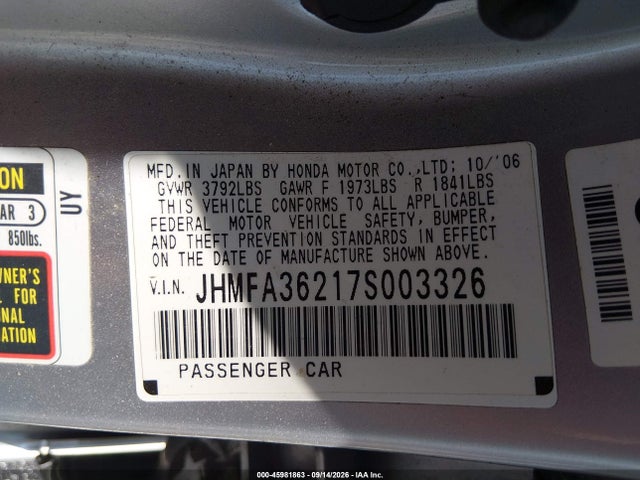 Aukcja sprzedaży 2007 Honda Civic Hybrid, vin: JHMFA36217S003326, numer aukcji: 45981863