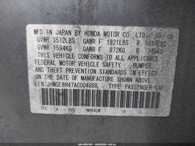 45981897 :رقم المزاد ، JHMGE8H47AC004888 vin ، 2010 Honda Fit Sport مزاد بيع
