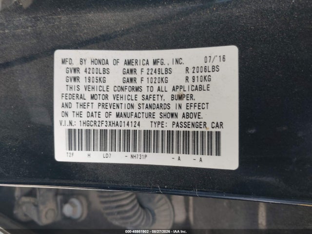 Honda ACCORD LX 2017 1HGCR2F3XHA014124 Image 9