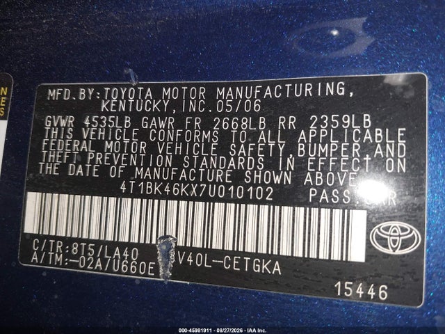 Продаж на аукціоні авто 2007 Toyota Camry Xle V6, vin: 4T1BK46KX7U010102, номер лоту: 45981911