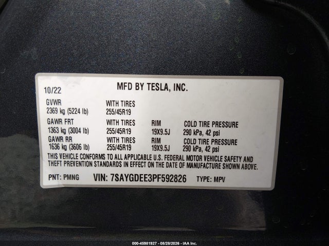 Aukcja sprzedaży 2023 Tesla Model Y Awd/long Range Dual Motor All-wheel Drive, vin: 7SAYGDEE3PF592826, numer aukcji: 45981927