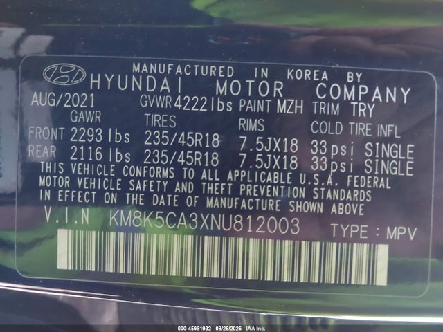 Hyundai Kona Limited 2022 KM8K5CA3XNU812003 Image 9