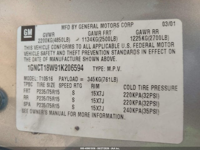 Продаж на аукціоні авто 2001 Chevrolet Blazer Ls, vin: 1GNCT18W91K206594, номер лоту: 45981936