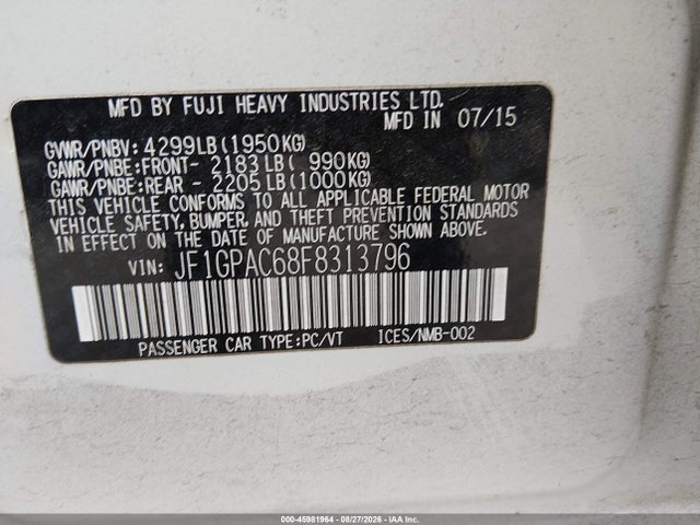 Продажа на аукционе авто 2015 Subaru Impreza 2.0i Premium, vin: JF1GPAC68F8313796, номер лота: 45981964