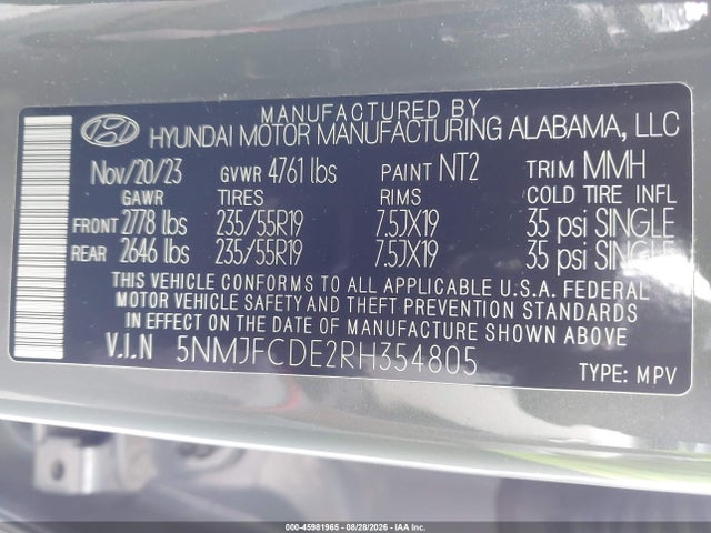 45981965 :رقم المزاد ، 5NMJFCDE2RH354805 vin ، 2024 Hyundai Tucson Sel مزاد بيع