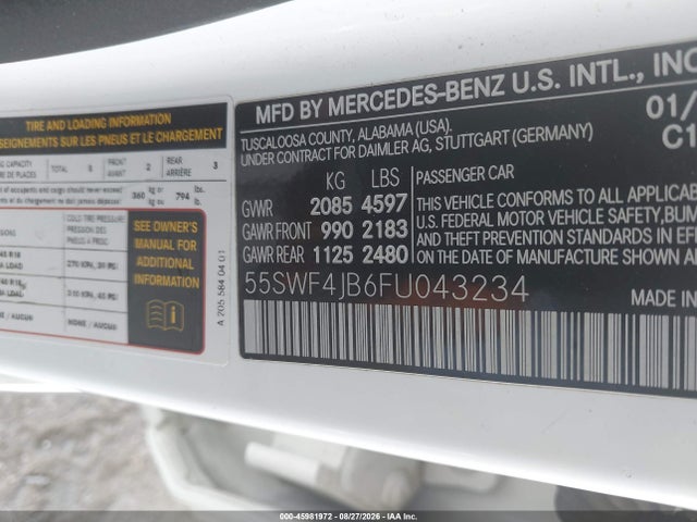 45981972 :رقم المزاد ، 55SWF4JB6FU043234 vin ، 2015 Mercedes-benz C 300 مزاد بيع