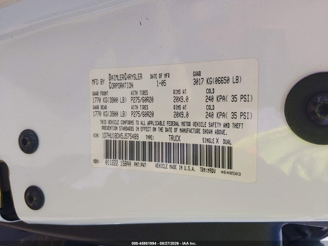 2005 Dodge Ram 1500 Slt/laramie მანქანა იყიდება აუქციონზე, vin: 1D7HU18DX5J575489, აუქციონის ნომერი: 45981994