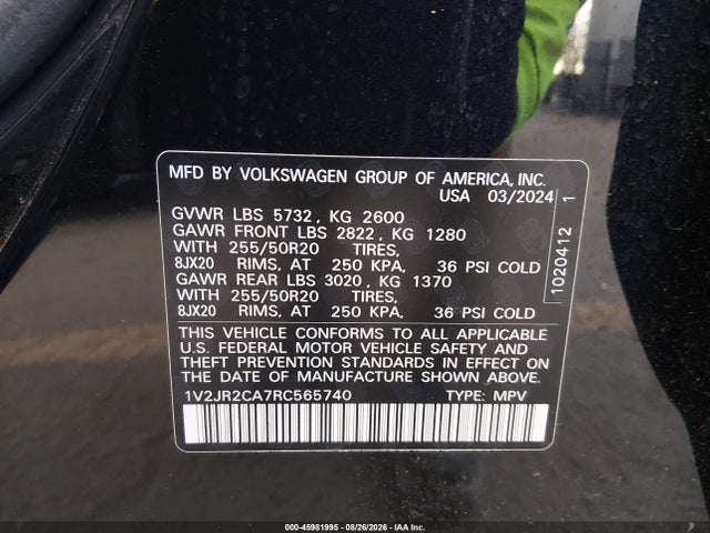 1V2JR2CA7RC565740 Volkswagen Atlas 2.0t Se W/technology