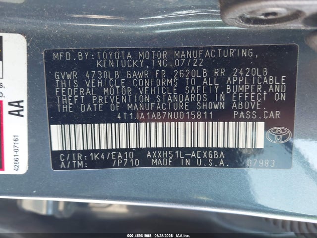 45981998 :رقم المزاد ، 4T1JA1AB7NU015811 vin ، 2022 Toyota Avalon Xle Hybrid مزاد بيع