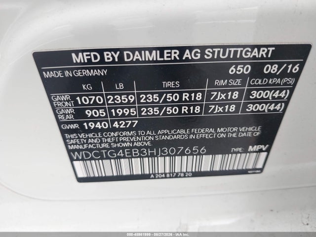 WDCTG4EB3HJ307656 Mercedes-Benz GLA 250