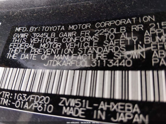 Aukcja sprzedaży 2020 Toyota Prius Le, vin: JTDKARFU0L3113440, numer aukcji: 45982003