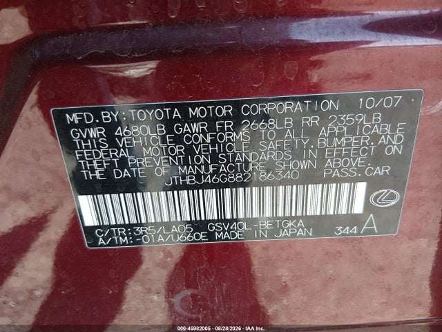 Продажа на аукционе авто 2008 Lexus Es 350, vin: JTHBJ46G882186340, номер лота: 45982005