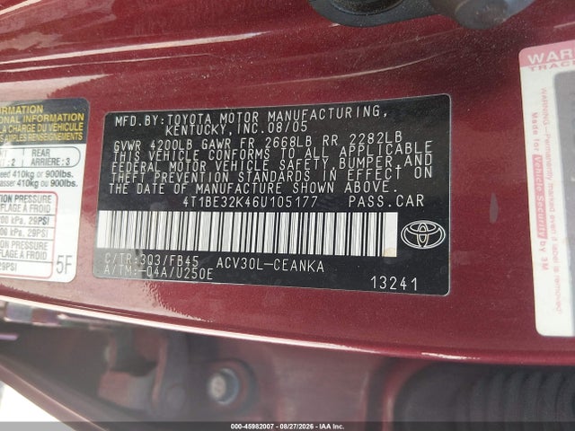 Aukcja sprzedaży 2006 Toyota Camry Le, vin: 4T1BE32K46U105177, numer aukcji: 45982007