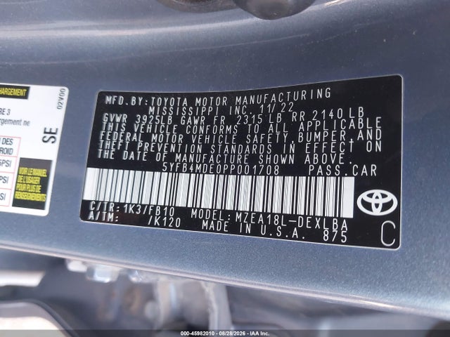 45982010 :رقم المزاد ، 5YFB4MDE0PP001708 vin ، 2023 Toyota Corolla Le مزاد بيع