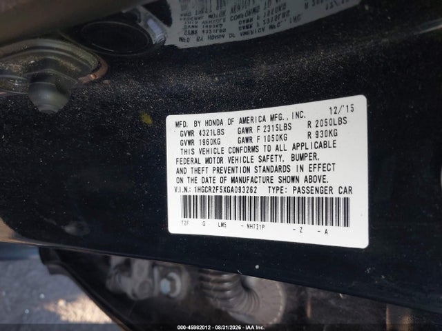 Продажа на аукционе авто 2016 Honda Accord Sport, vin: 1HGCR2F5XGA093262, номер лота: 45982012