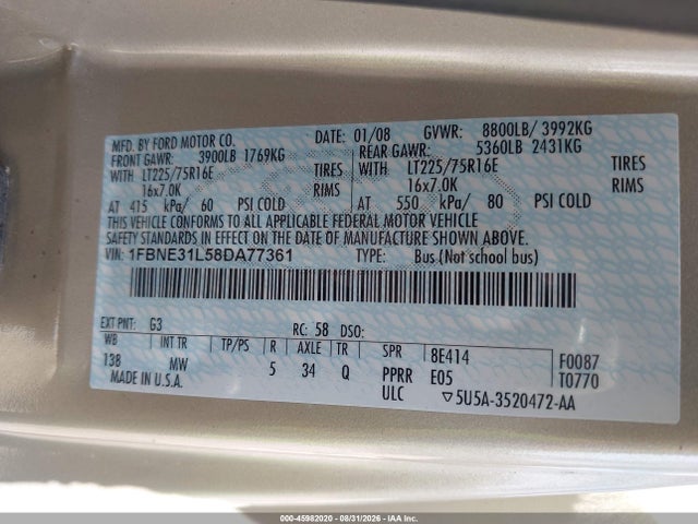 Продажа на аукционе авто 2008 Ford E-350 Super Duty Xl/xlt, vin: 1FBNE31L58DA77361, номер лота: 45982020