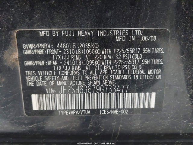 Продаж на аукціоні авто 2009 Subaru Forester 2.5x, vin: JF2SH63679G733477, номер лоту: 45982047