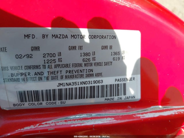 45982050 :رقم المزاد ، JM1NA351XN0319063 vin ، 1992 Mazda Mx-5 Miata مزاد بيع
