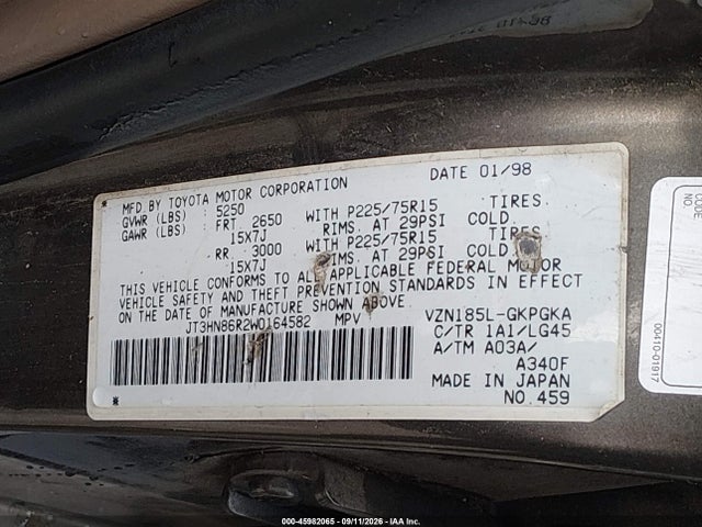 1998 Toyota 4runner Sr5 V6 მანქანა იყიდება აუქციონზე, vin: JT3HN86R2W0164582, აუქციონის ნომერი: 45982065