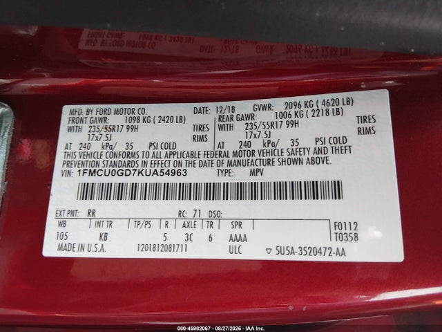 Продажа на аукционе авто 2019 Ford Escape Se, vin: 1FMCU0GD7KUA54963, номер лота: 45982067