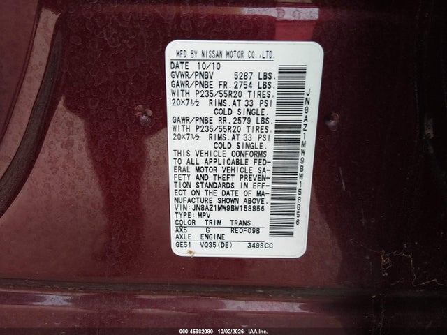 Продаж на аукціоні авто 2011 Nissan Murano Le, vin: JN8AZ1MW9BW158856, номер лоту: 45982080