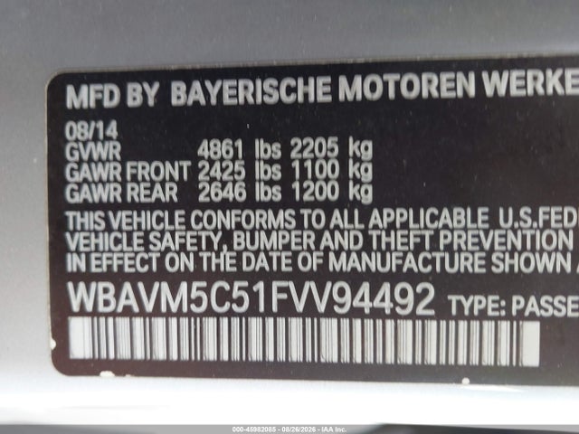 Aukcja sprzedaży 2015 Bmw X1 Xdrive35i, vin: WBAVM5C51FVV94492, numer aukcji: 45982085