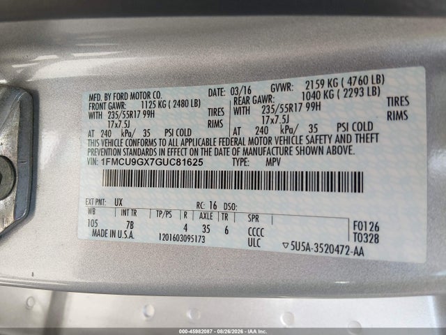 Продаж на аукціоні авто 2016 Ford Escape Se, vin: 1FMCU9GX7GUC81625, номер лоту: 45982087