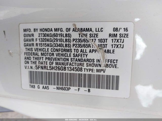 5FNRL5H26GB134508 Honda ODYSSEY LX